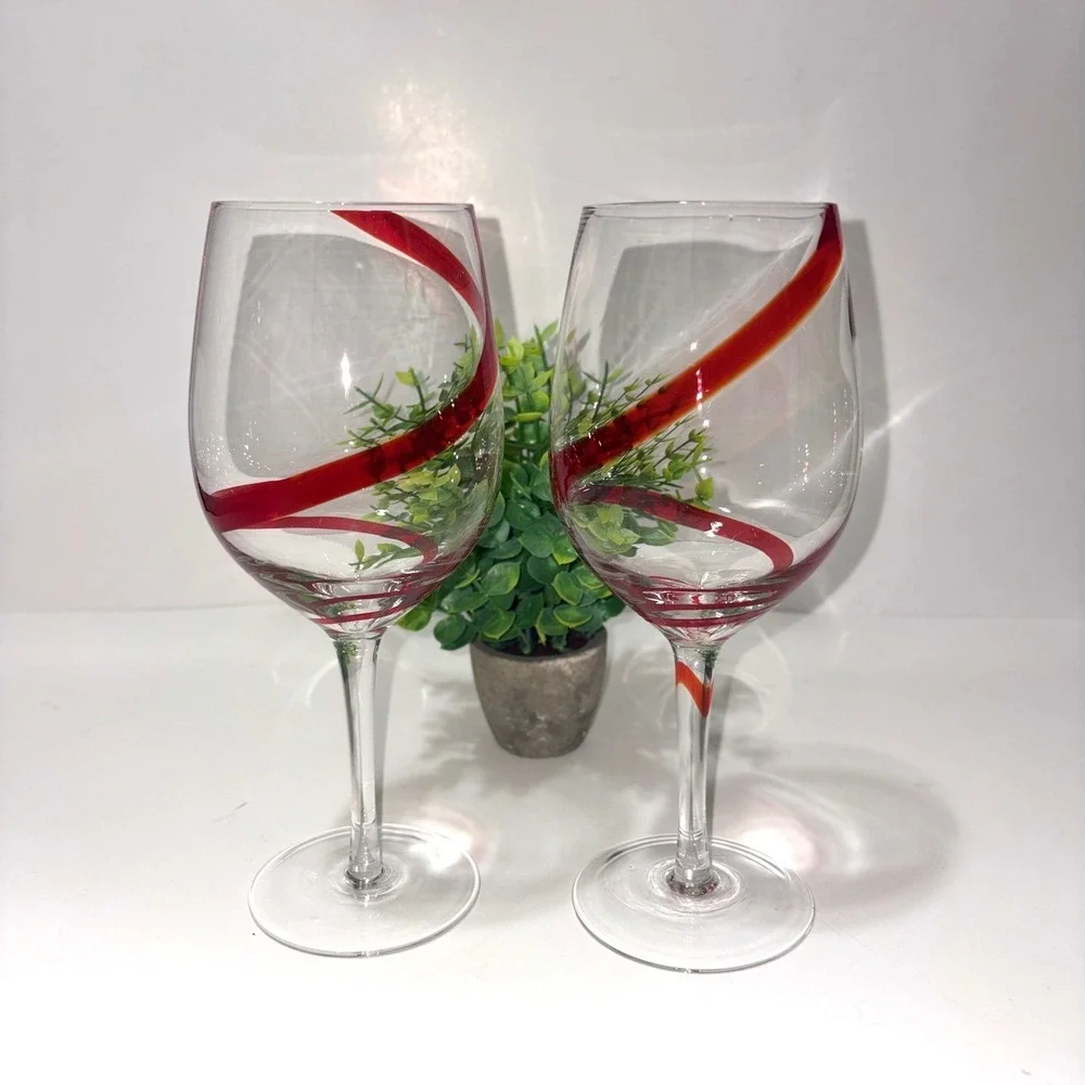 Pier 1 Import Cobalt Red Swirl Line Wine Goblet Glass 20oz Set of 2 Hand Blown